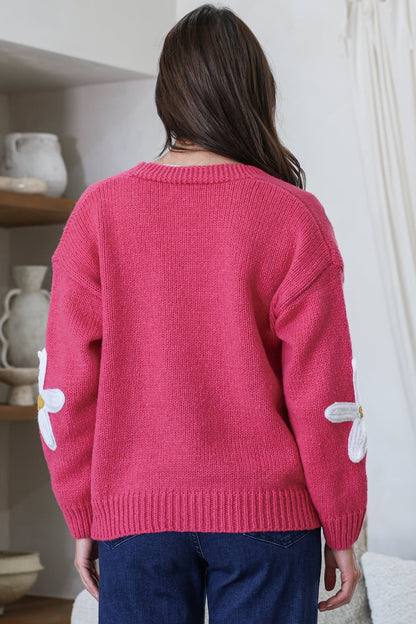 Daisy Belle Cardigan - Cropped Thick Knit Cardigan with Flower Decals in Hot Pink