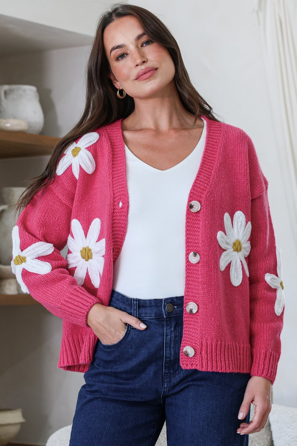 Daisy Belle Cardigan - Cropped Thick Knit Cardigan with Flower Decals in Hot Pink