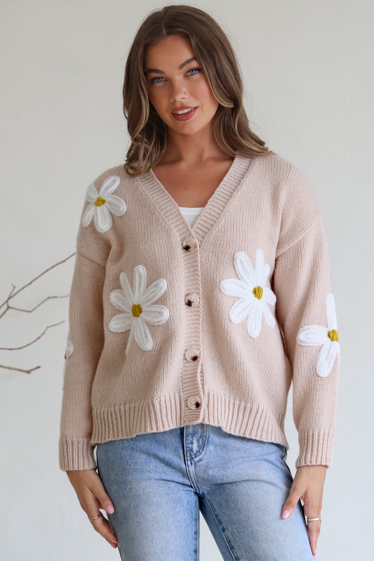 Daisy Belle Cardigan - Cropped Thick Knit Cardigan with Flower Decals in Beige