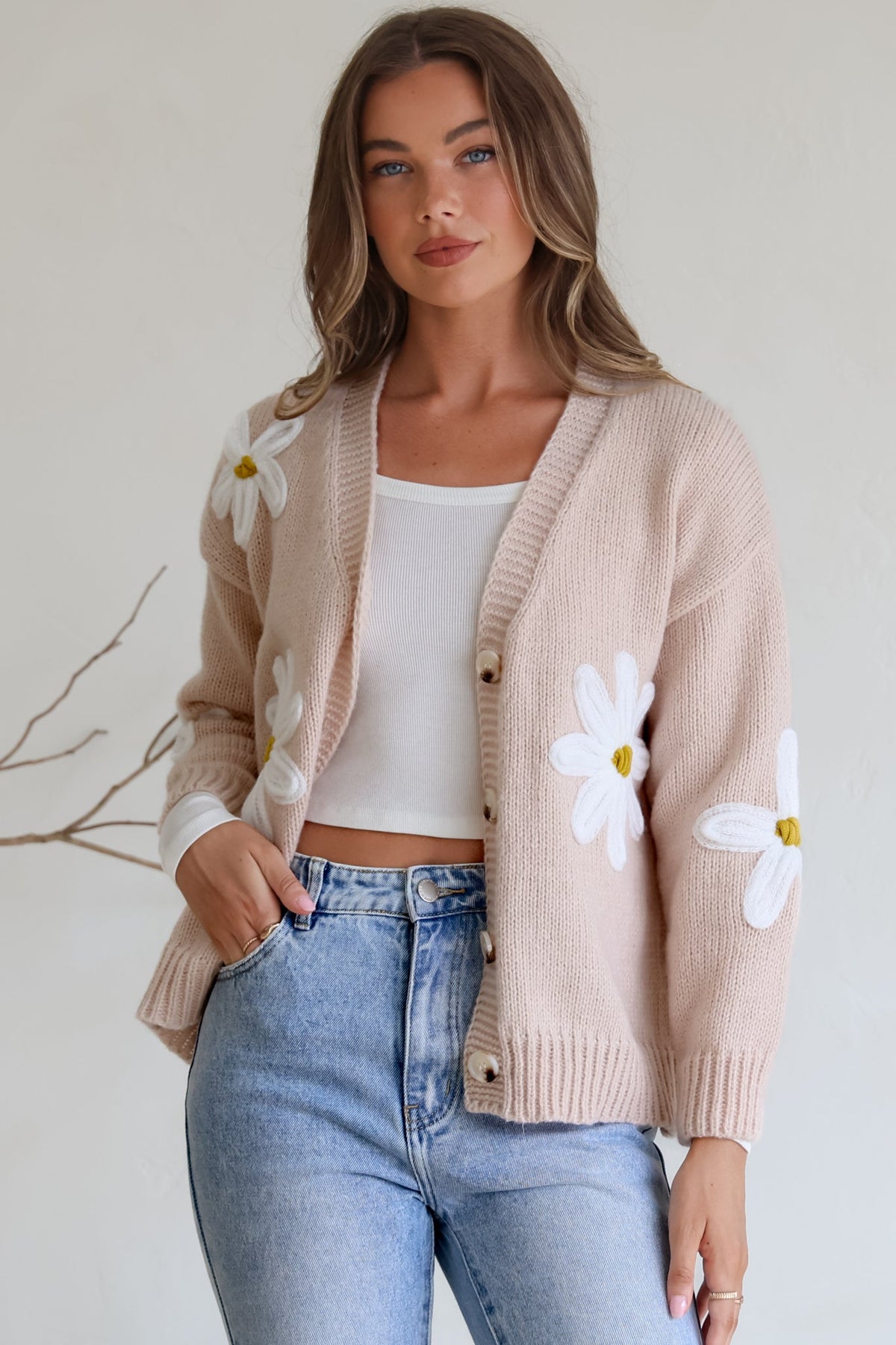 Daisy Belle Cardigan - Cropped Thick Knit Cardigan with Flower Decals in Beige
