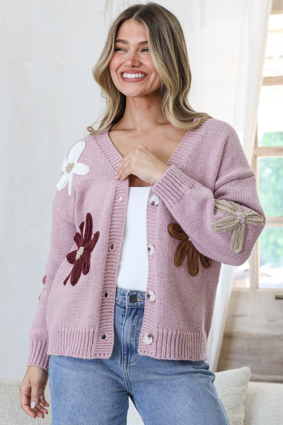Daisy Belle Cardigan - Cropped Thick Knit Cardigan with Flower Decals in Light Mauve