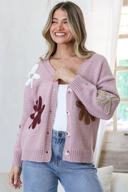 Daisy Belle Cardigan - Cropped Thick Knit Cardigan with Flower Decals in Light Mauve