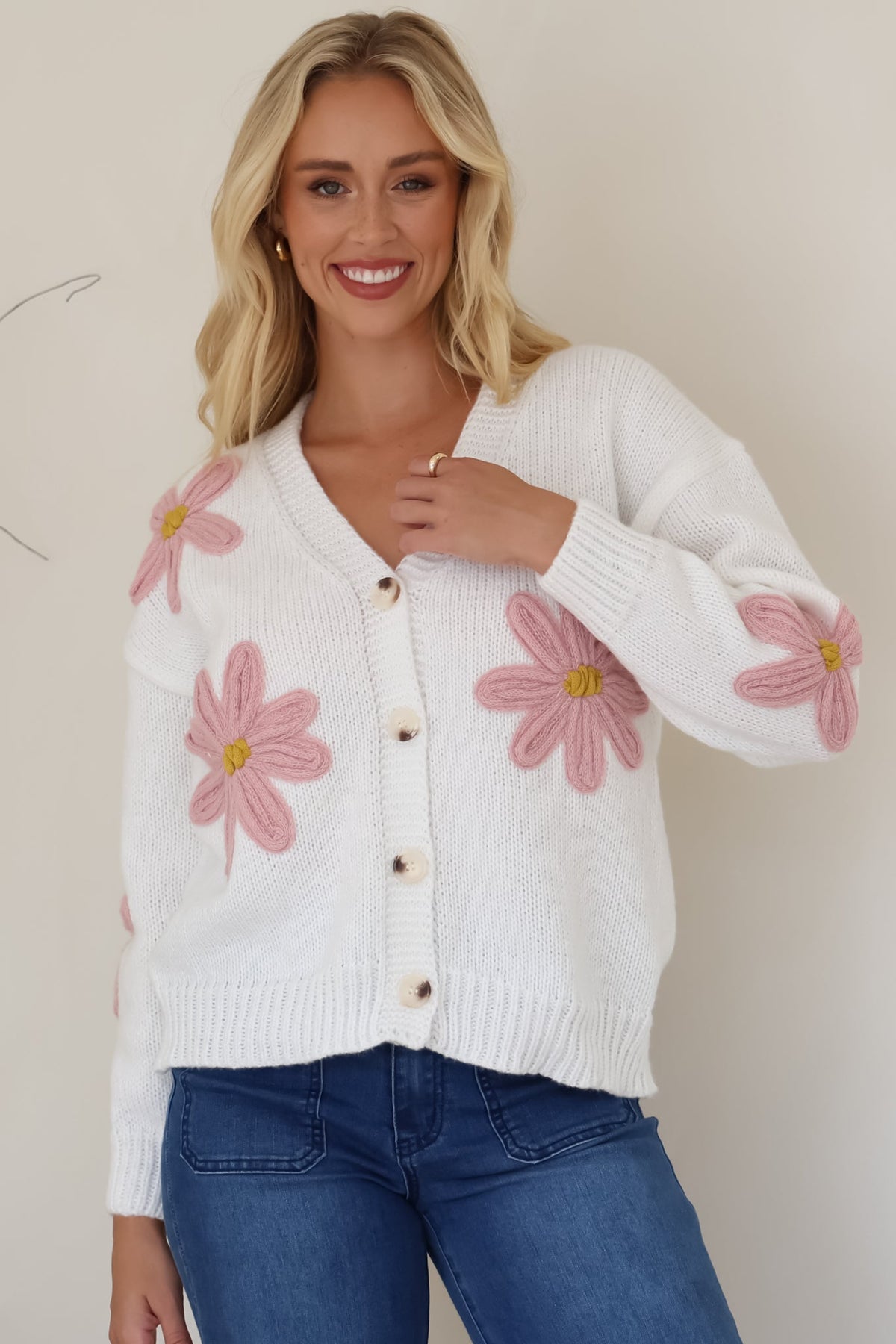 Daisy Belle Cardigan - Cropped Thick Knit Cardigan with Flower Decals in White