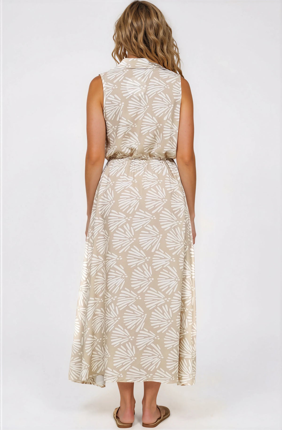 Danika Maxi Dress - Sleeveless Shirt Dress with Pull Waist Tie in Catia Print Beige