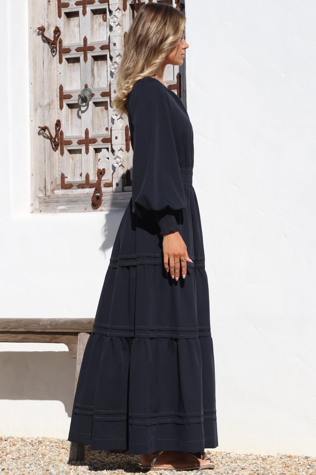 Dara Maxi Dress - Mandarin Collar Tiered Dress with Pockets in Navy
