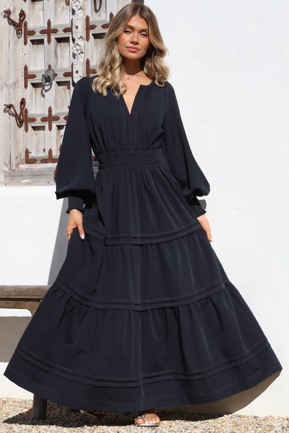 Dara Maxi Dress - Mandarin Collar Tiered Dress with Pockets in Navy