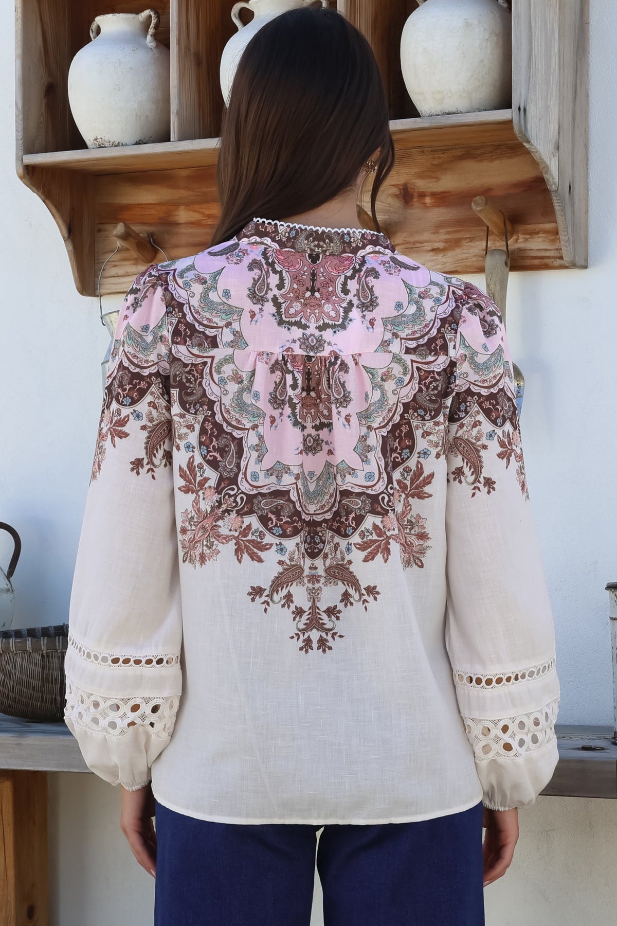 Daria Blouse - Mandarin Split Collar Button Down with Hollow Out Detail in Capricorn Print