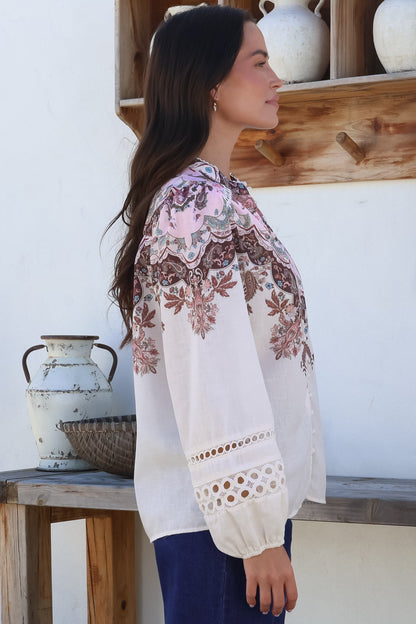 Daria Blouse - Mandarin Split Collar Button Down with Hollow Out Detail in Capricorn Print