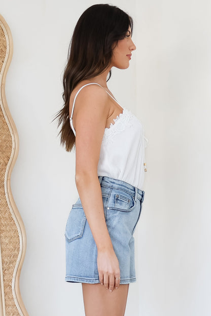 Davie Denim Shorts - High Waisted Straight Leg Shorts in Light Denim