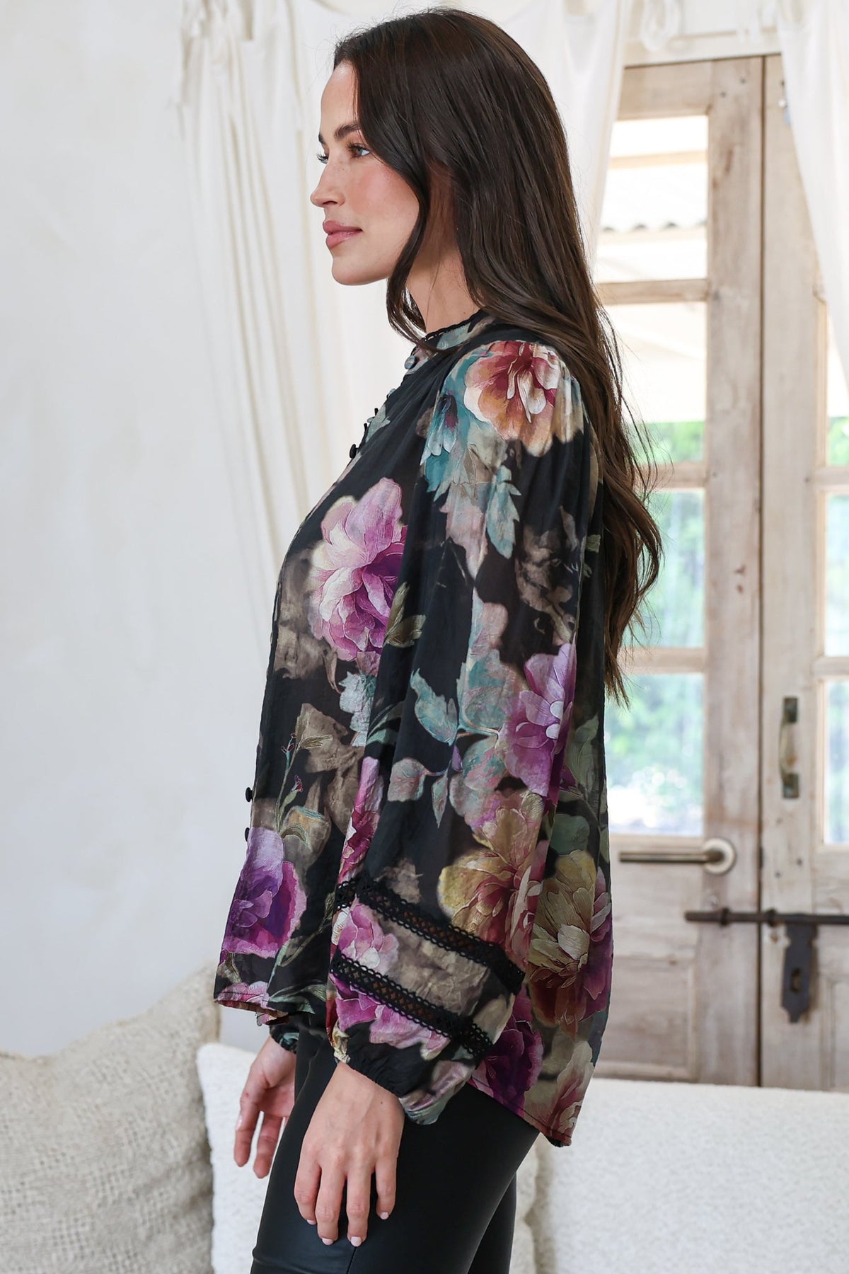 Diandra Blouse - Lace Trim Mandarin Collar Button Down with Balloon Sleeves in Scandalous Print