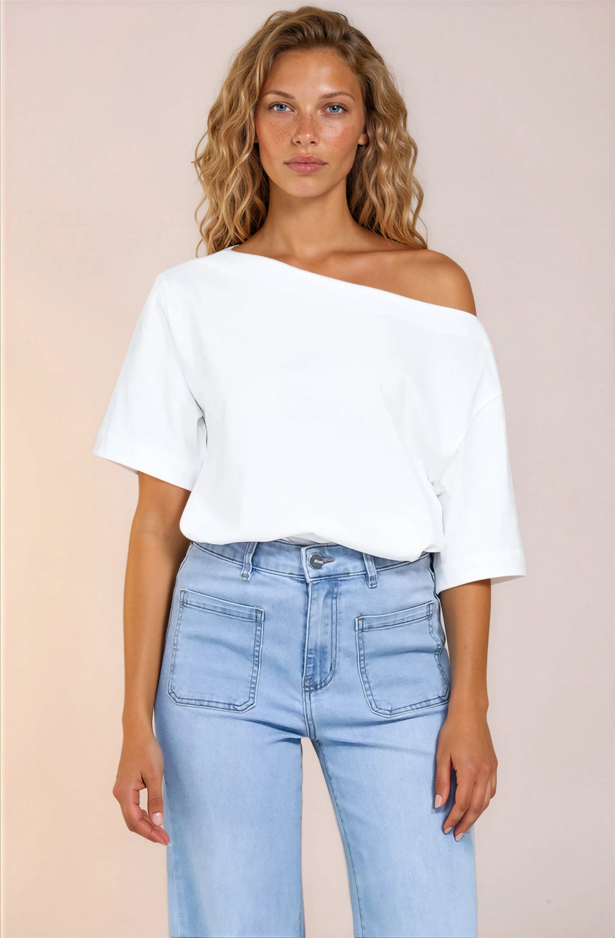 Dolce Top - Asymmetric Neckline Boxy Top with Side Split in White