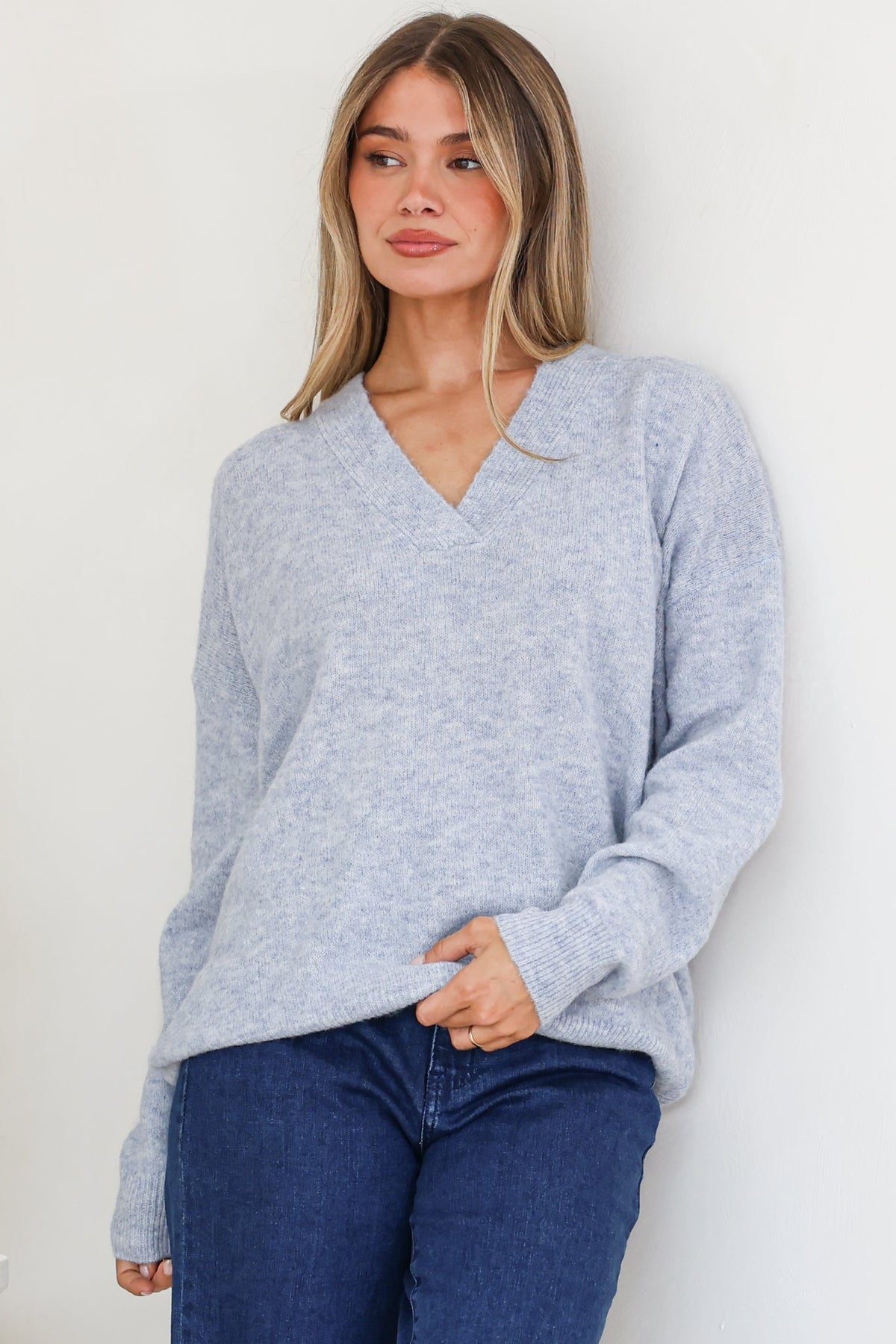 Donoven Jumper - V Neck Lightweight Knit with Ribbed Hemlines in Light Denim Blue