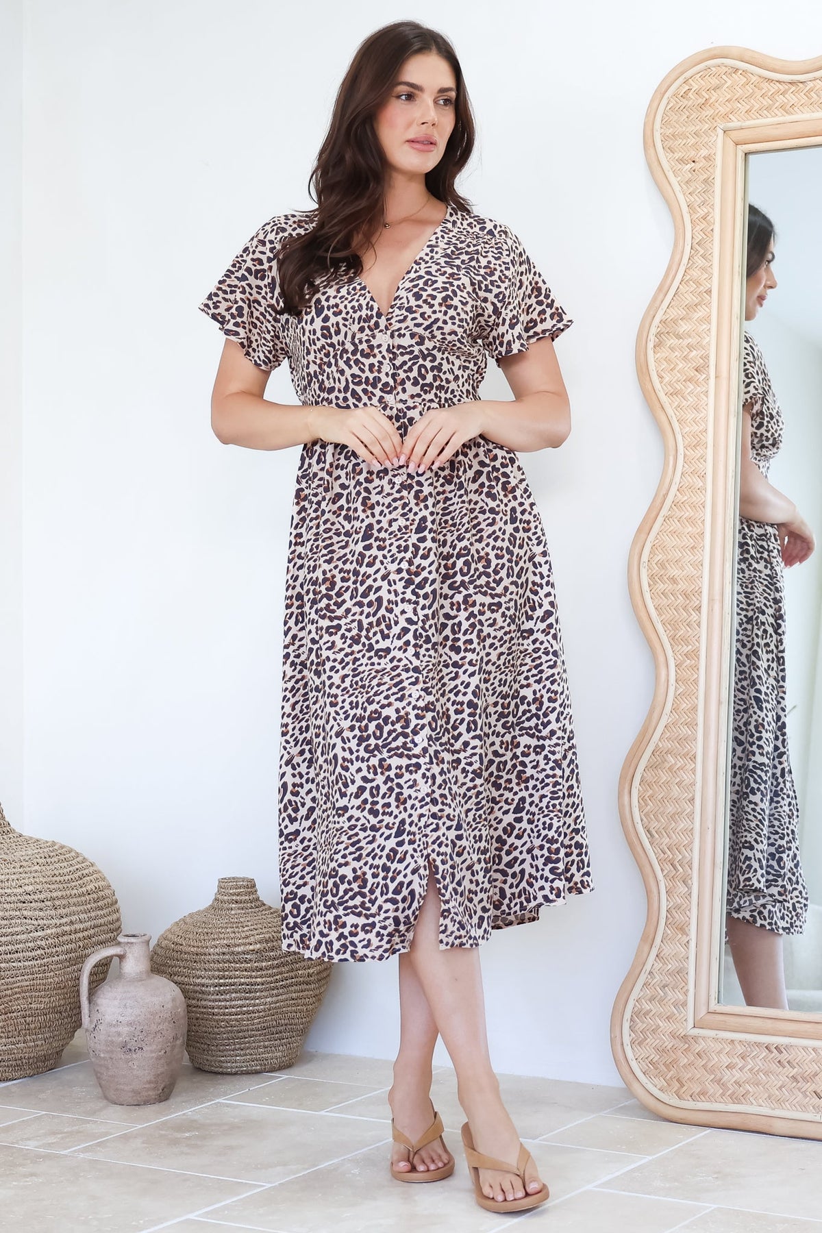 Drielly Midi Dress - Flutter Cap Sleeve Button Down Dress in Perrie Print
