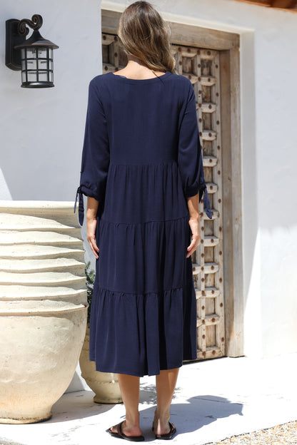 Elisabette Midi Dress - V-Neck Tiered Linen Dress with 3/4 Tie Cuff Sleeves in Navy