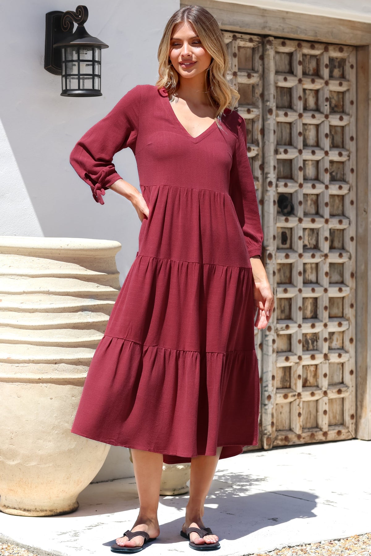 Elisabette Midi Dress - V-Neck Tiered Linen Dress with 3/4 Tie Cuff Sleeves in Rust