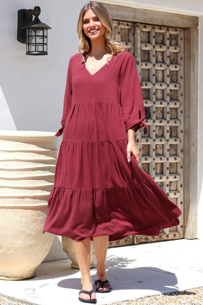 Elisabette Midi Dress - V-Neck Tiered Linen Dress with 3/4 Tie Cuff Sleeves in Rust