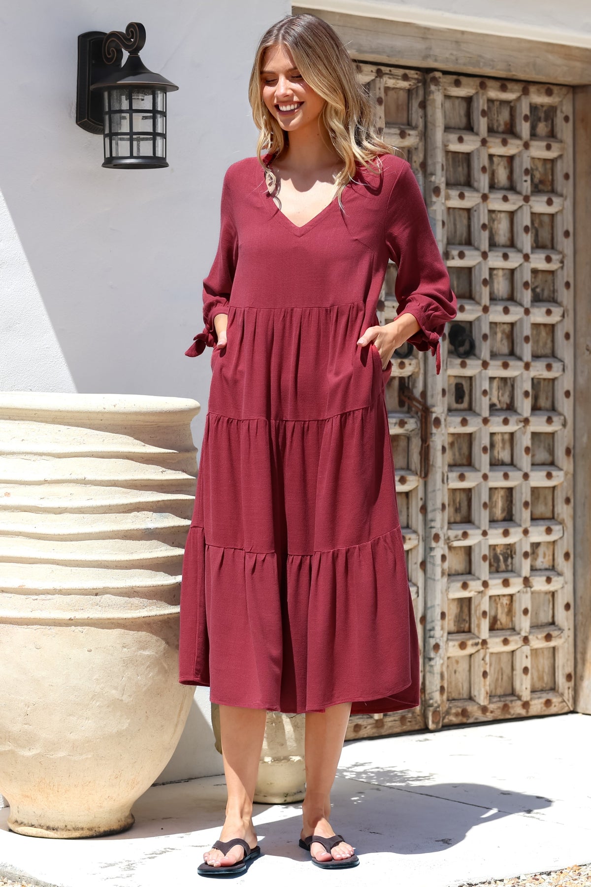 Elisabette Midi Dress - V-Neck Tiered Linen Dress with 3/4 Tie Cuff Sleeves in Rust