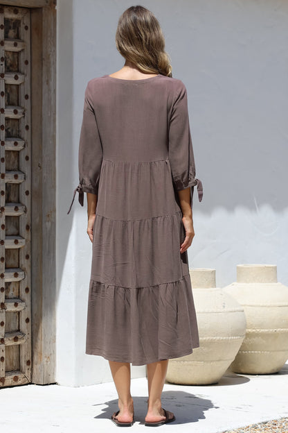 Elisabette Midi Dress - V-Neck Tiered Linen Dress with 3/4 Tie Cuff Sleeves in Chocolate