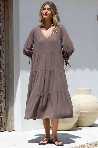 Elisabette Midi Dress - V-Neck Tiered Linen Dress with 3/4 Tie Cuff Sleeves in Chocolate