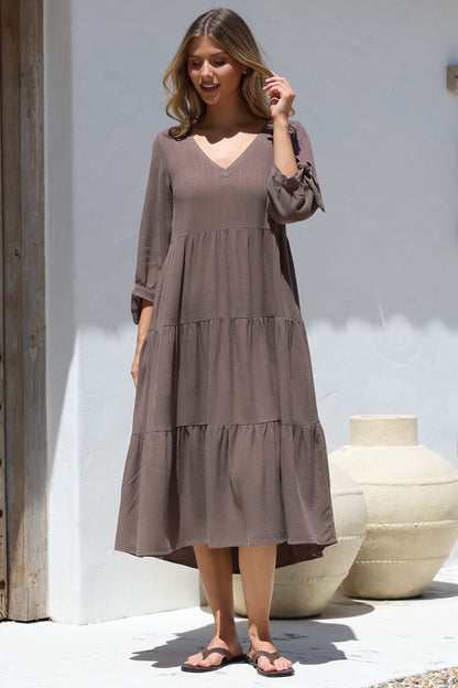 Elisabette Midi Dress - V-Neck Tiered Linen Dress with 3/4 Tie Cuff Sleeves in Chocolate