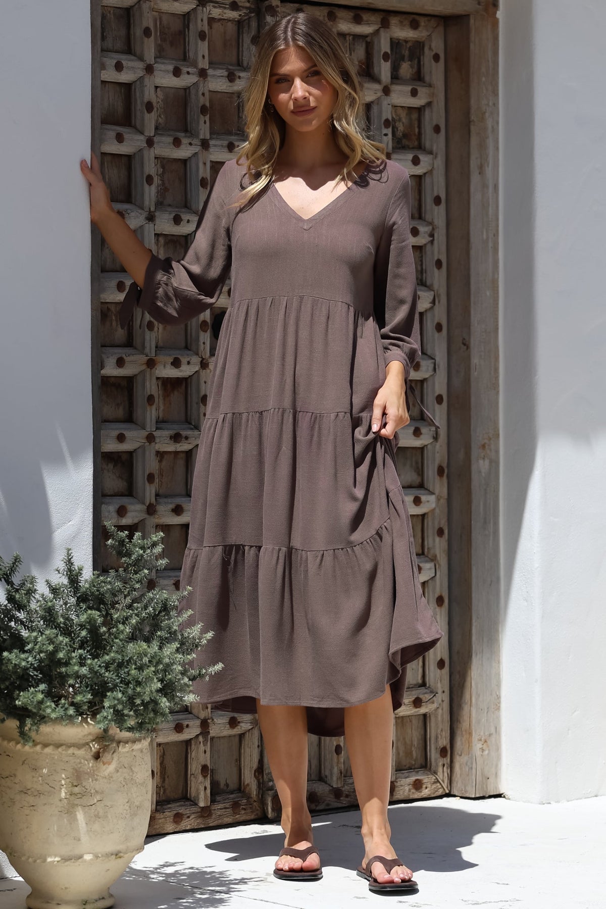 Elisabette Midi Dress - V-Neck Tiered Linen Dress with 3/4 Tie Cuff Sleeves in Chocolate