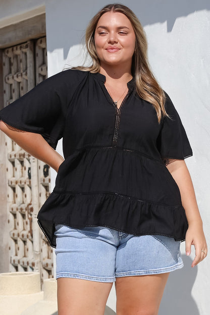 Ellery Top - Mandarin Collar Smock Top with Ladder Lace Insert Splicing in Black