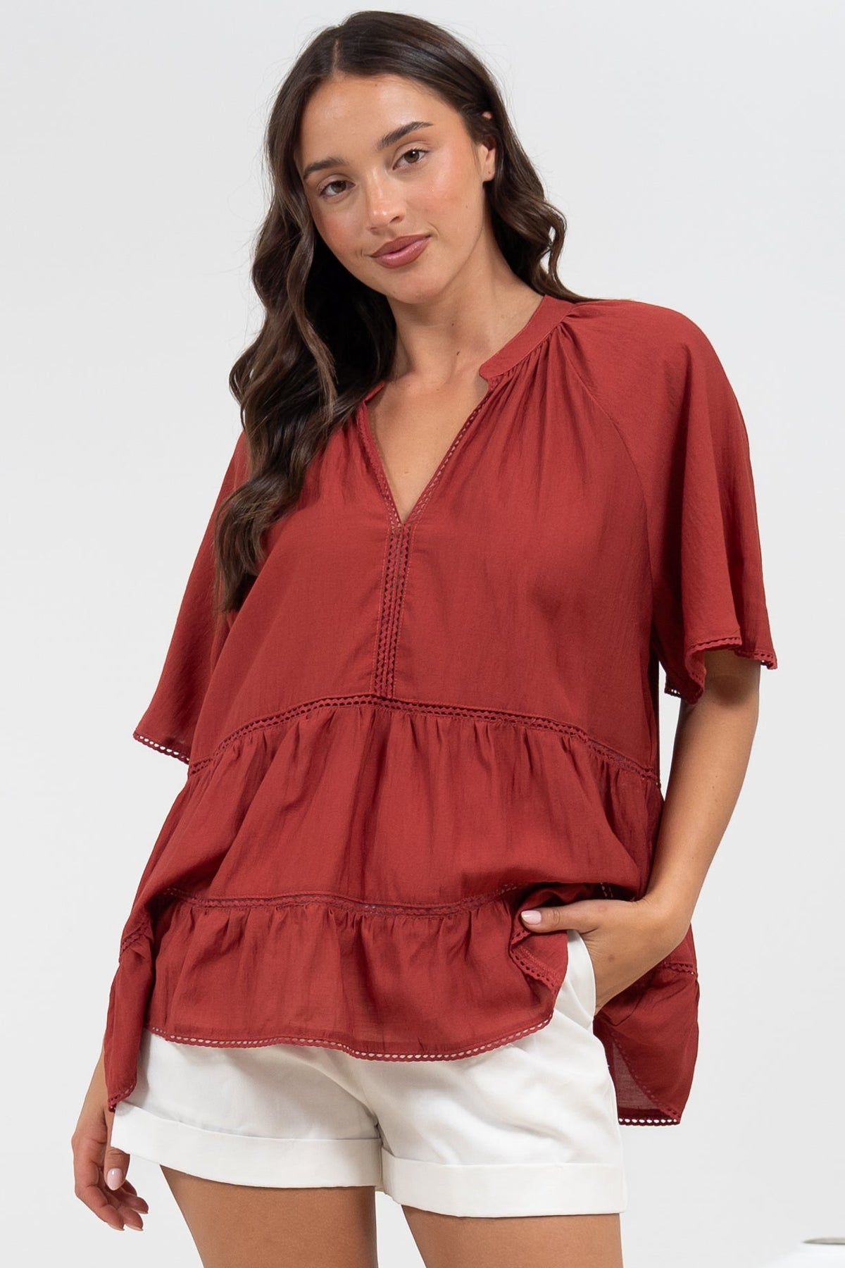 Ellery Top - Mandarin Collar Smock Top with Ladder Lace Insert Splicing in Rust