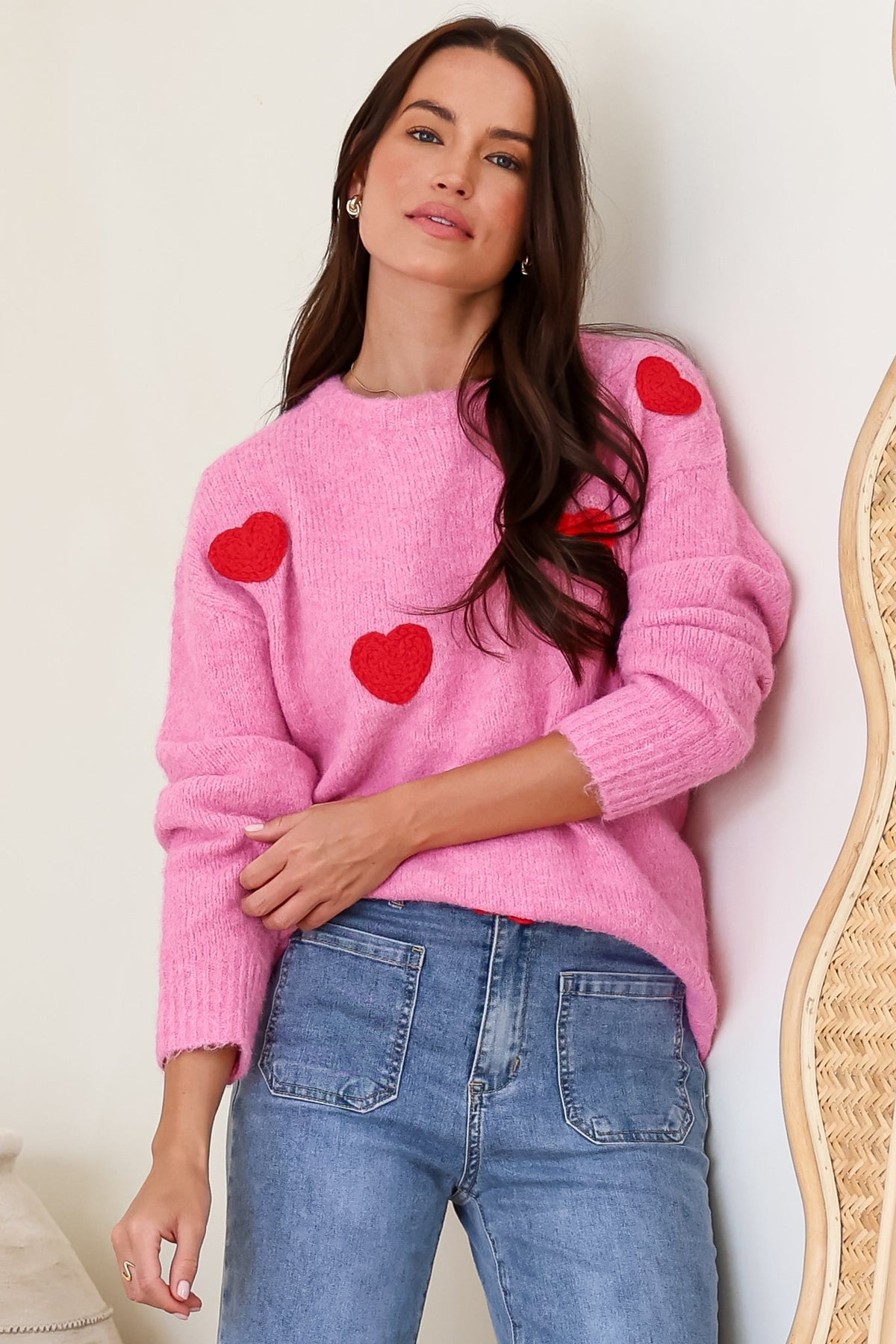Ellie Jumper - Crew Neck Pull Over Contrast Heart Print Knit in Pink