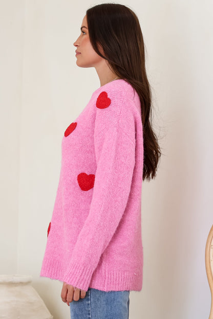 Ellie Jumper - Crew Neck Pull Over Contrast Heart Print Knit in Pink