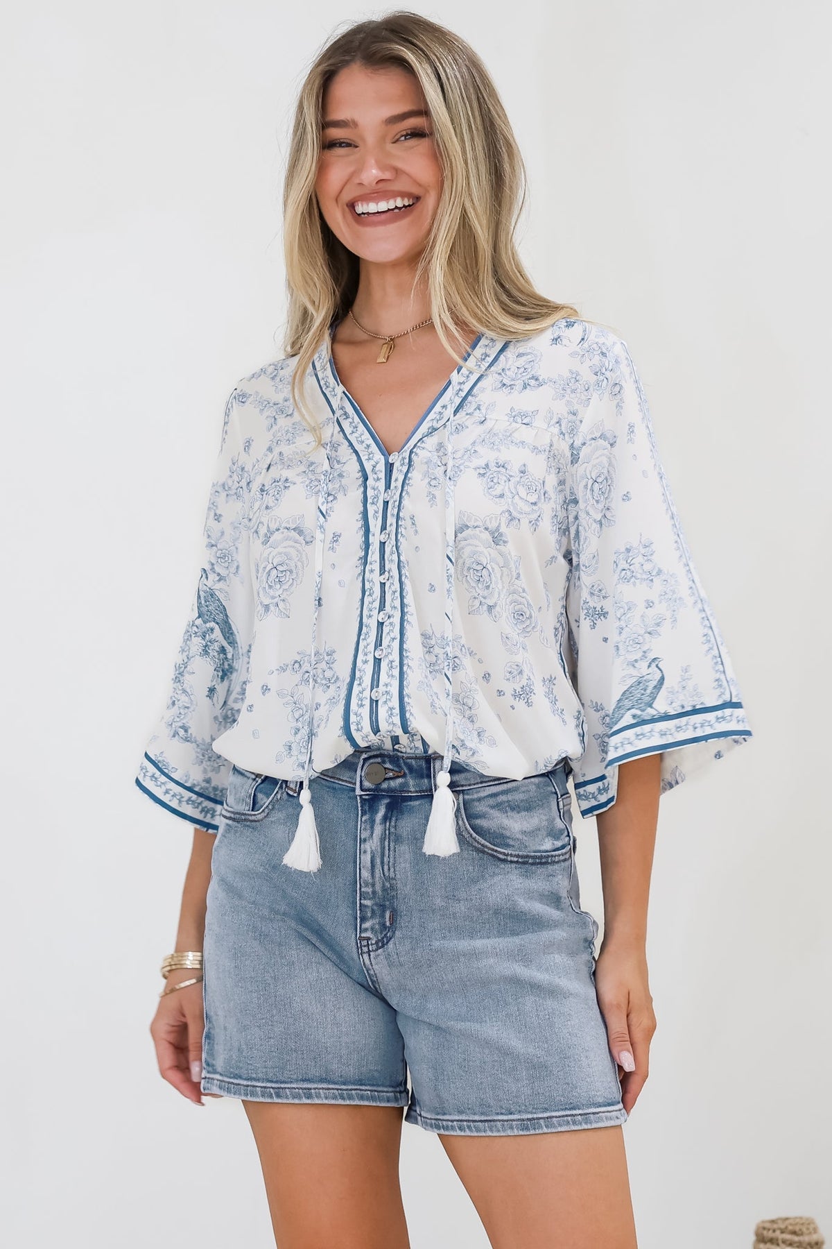Elysia Blouse - Deep V Neck Button Down 3/4 Sleeve Top in Josie Print