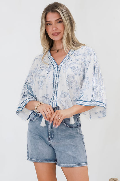 Elysia Blouse - Deep V Neck Button Down 3/4 Sleeve Top in Josie Print