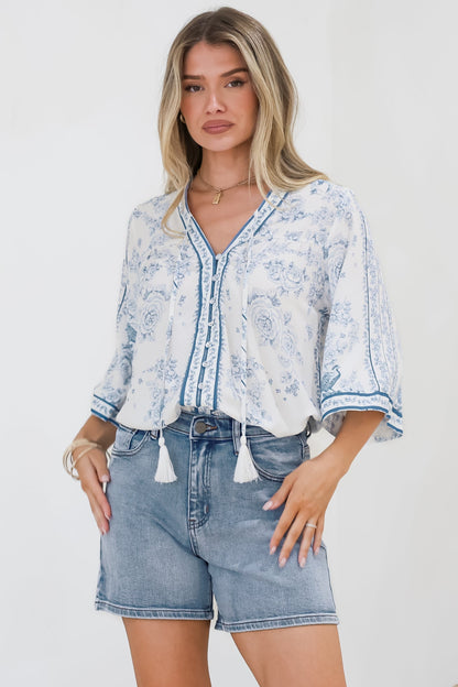 Elysia Blouse - Deep V Neck Button Down 3/4 Sleeve Top in Josie Print