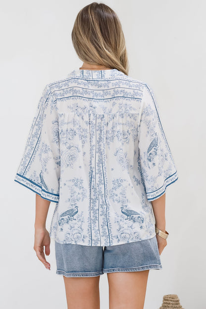 Elysia Blouse - Deep V Neck Button Down 3/4 Sleeve Top in Josie Print
