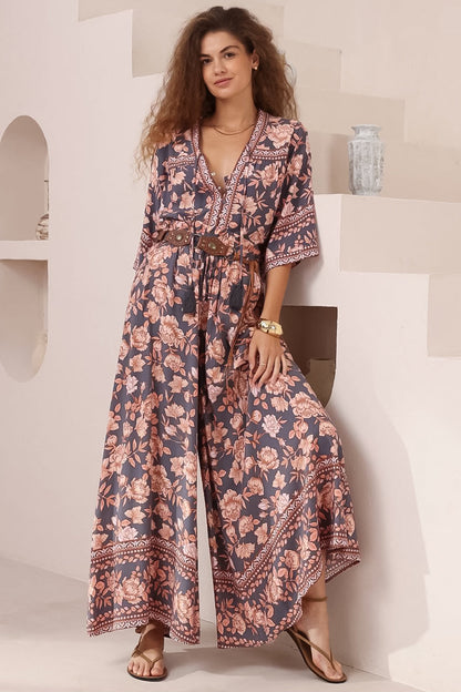Elysia Blouse - Deep V Neck Button Down 3/4 Sleeve Top in Leandra Print