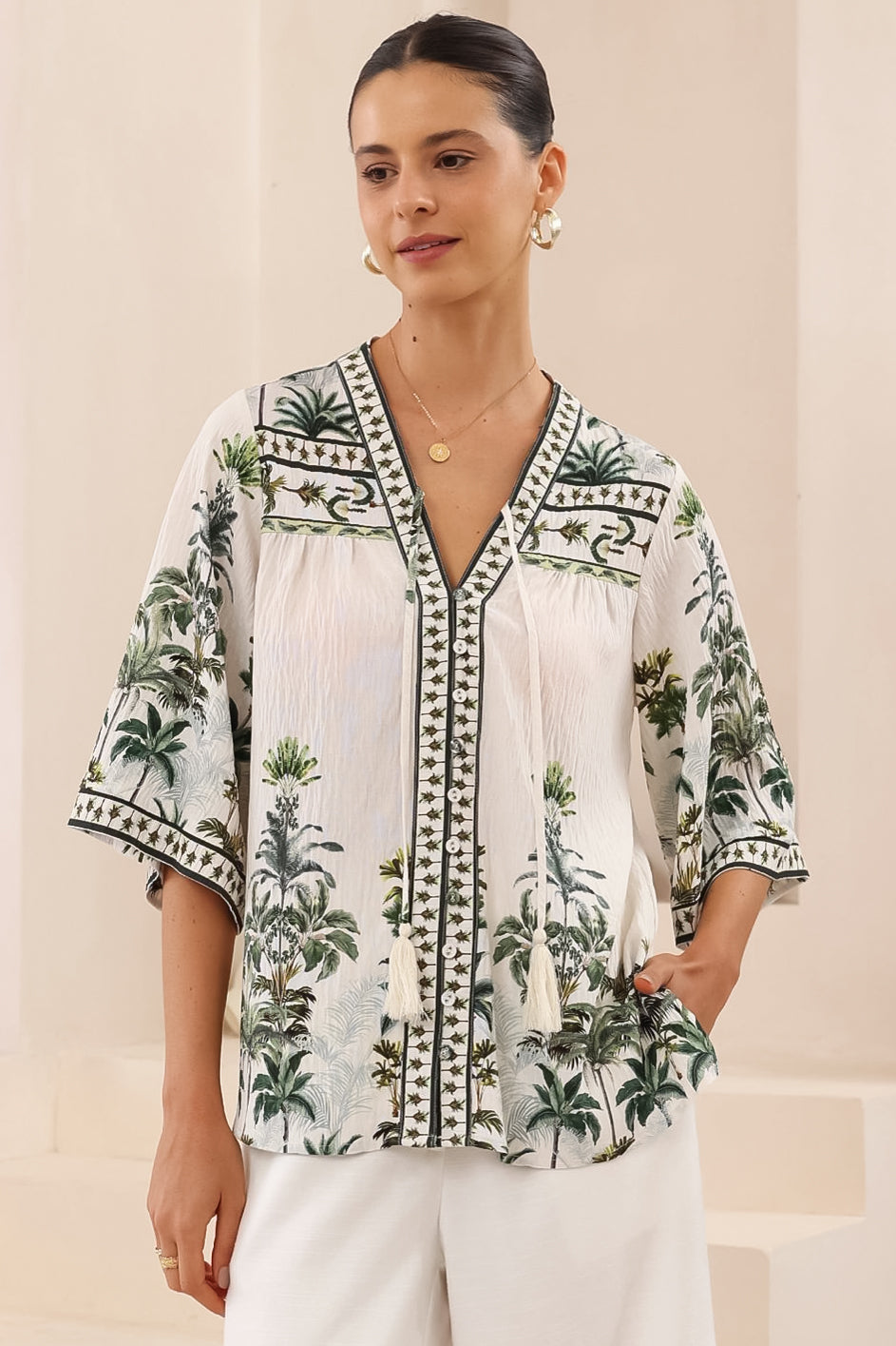 Elysia Blouse - Deep V Neck Button Down 3/4 Sleeve Top in Nessa Print