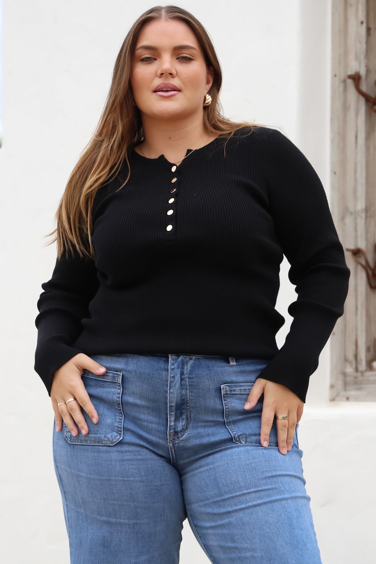 Emilia Knit Top - Gold Button Neckline Ribbed Top in Black