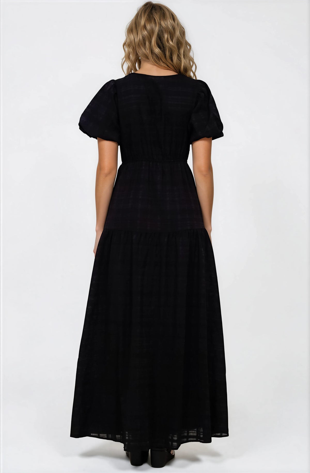 Emirah Maxi Dress - V-Neck Tiered A-Line Dress with Puff Sleeves in Black