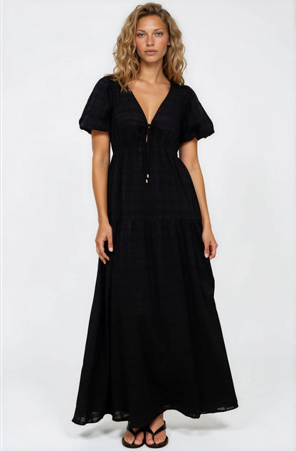 Emirah Maxi Dress - V-Neck Tiered A-Line Dress with Puff Sleeves in Black