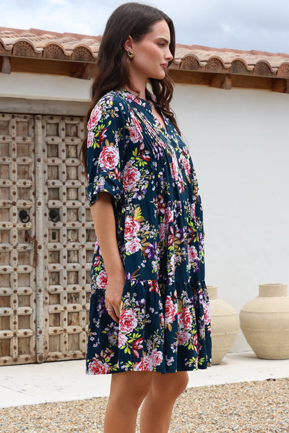 Evie Mini Dress - 3/4 Sleeve Tiered Smock Dress in Virginia Print Navy