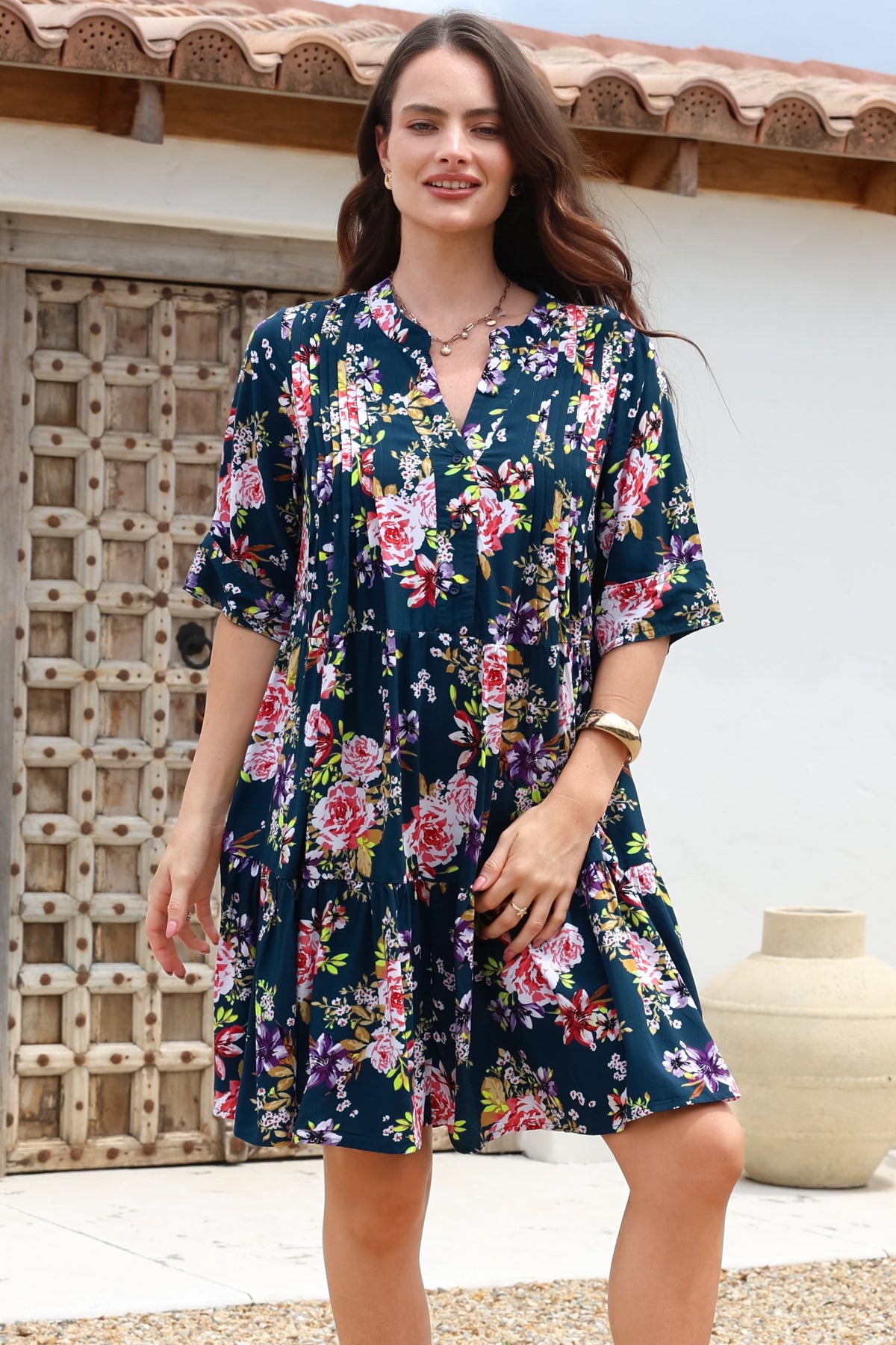 Evie Mini Dress - 3/4 Sleeve Tiered Smock Dress in Virginia Print Navy