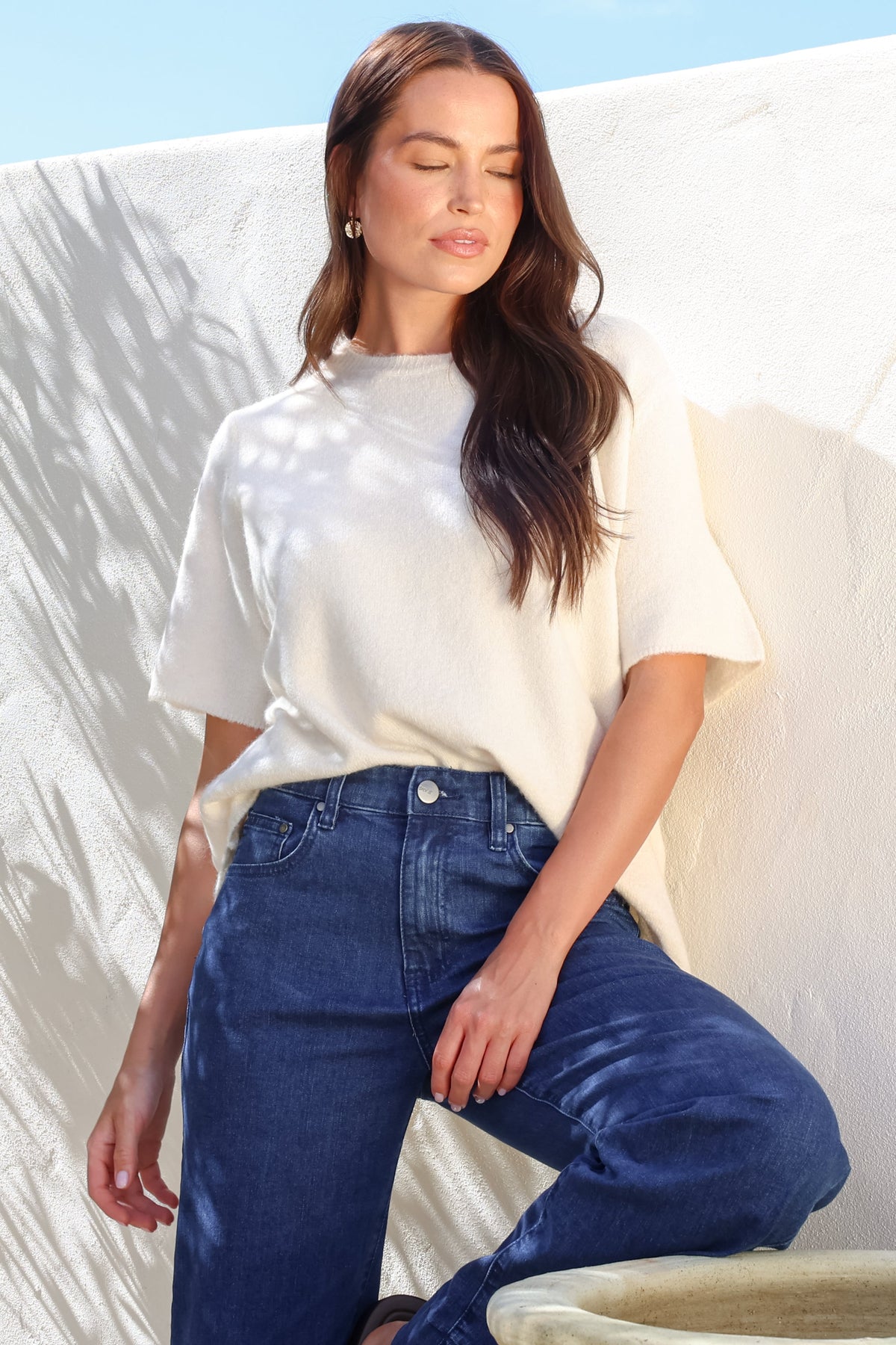 Fable Knit Top - Crew Neck Relaxed Super Soft Knit Tee in Cream