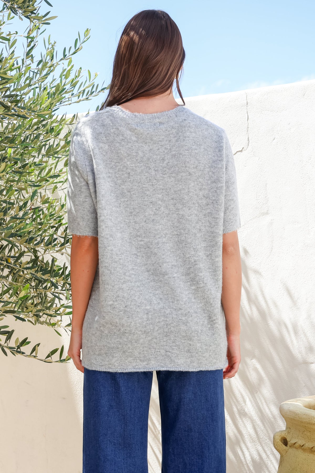 Fable Knit Top - Crew Neck Relaxed Super Soft Knit Tee in Grey Marle