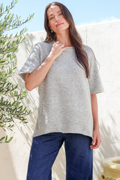 Fable Knit Top - Crew Neck Relaxed Super Soft Knit Tee in Grey Marle