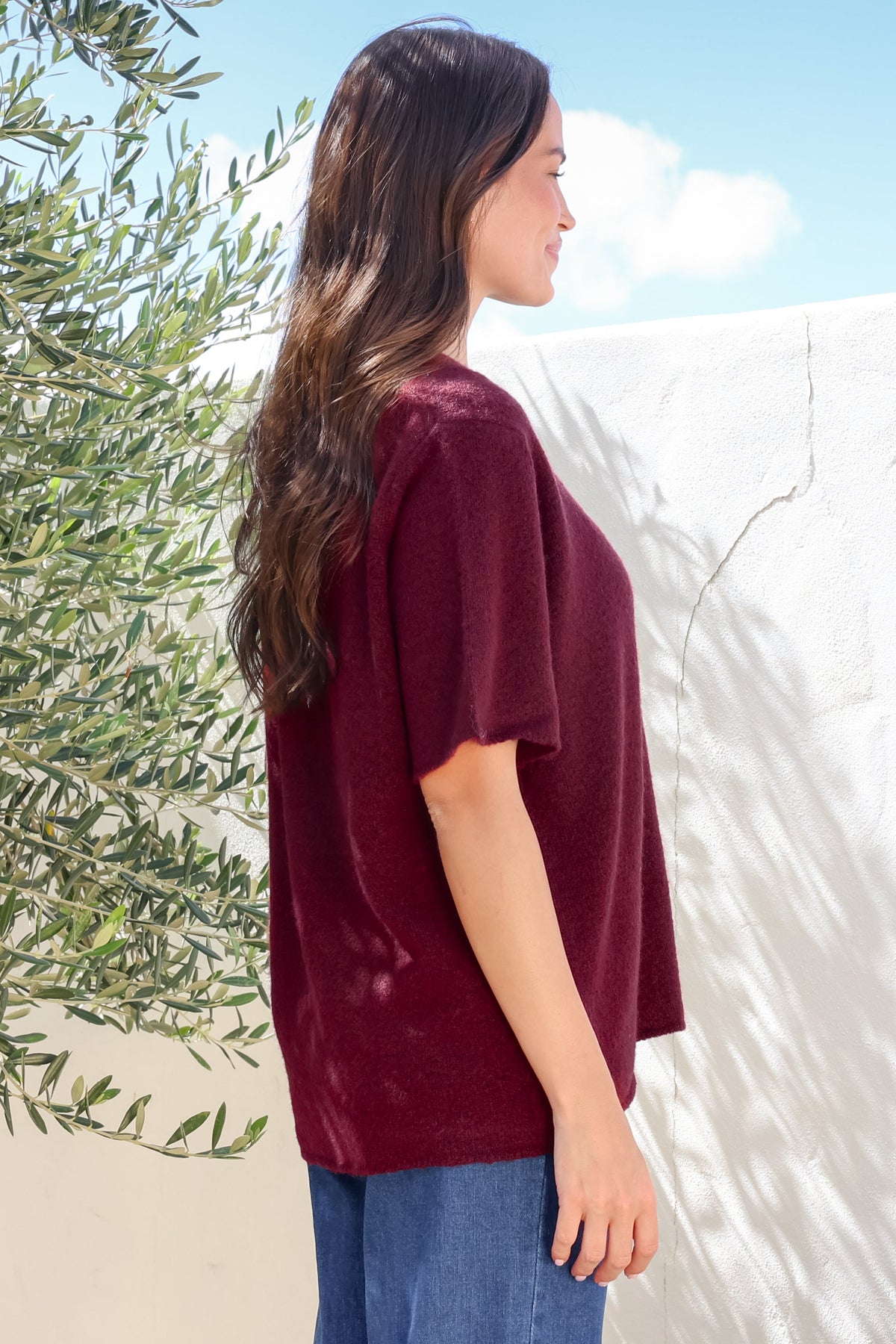 Fable Knit Top - Crew Neck Relaxed Super Soft Knit Tee in Wine