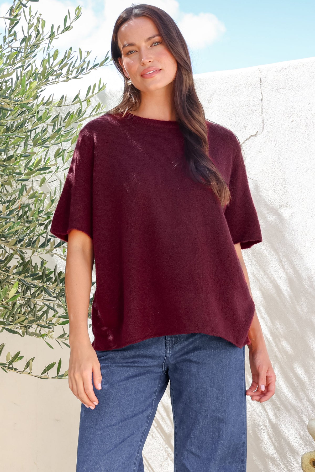 Fable Knit Top - Crew Neck Relaxed Super Soft Knit Tee in Wine