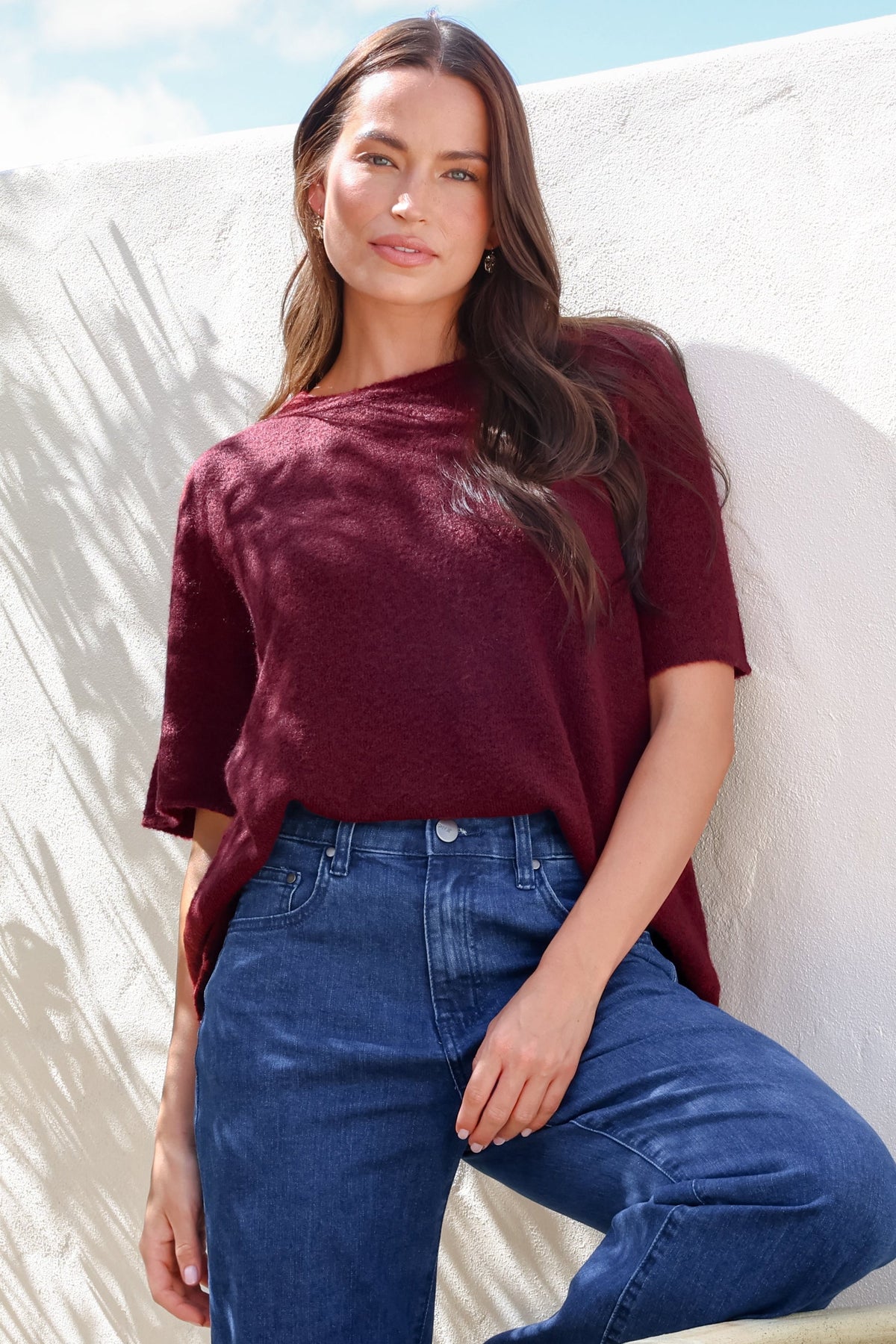 Fable Knit Top - Crew Neck Relaxed Super Soft Knit Tee in Wine