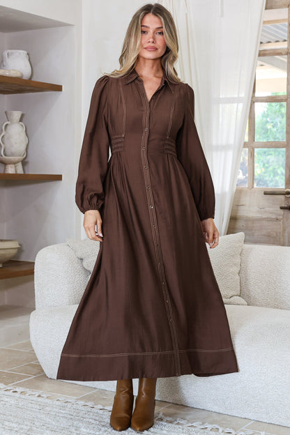 Ferris Midi Dress - Collared Button Bodice A-Line Dress with Long Sleeves in Chocolate
