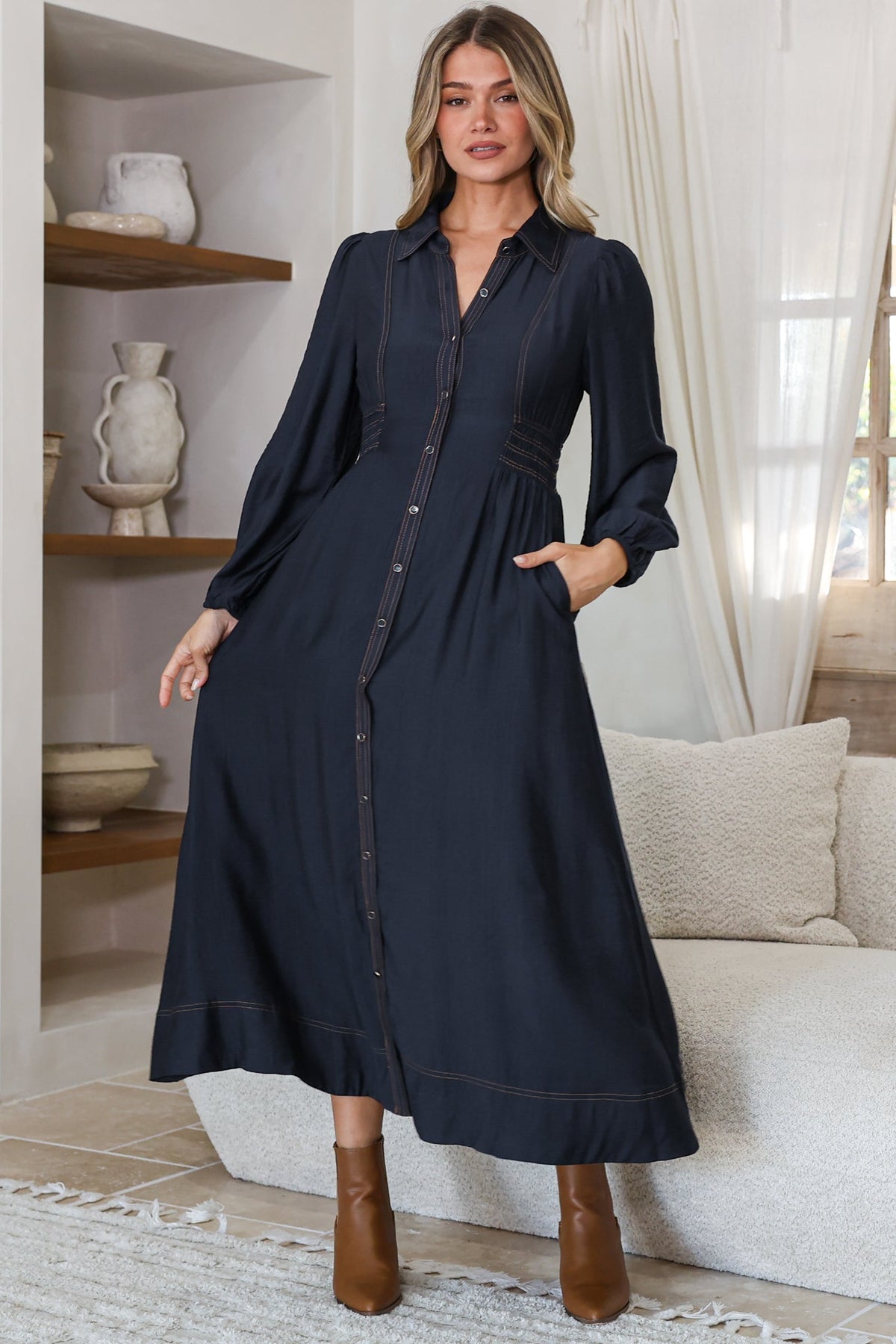 Ferris Midi Dress - Collared Button Bodice A-Line Dress with Long Sleeves in Navy
