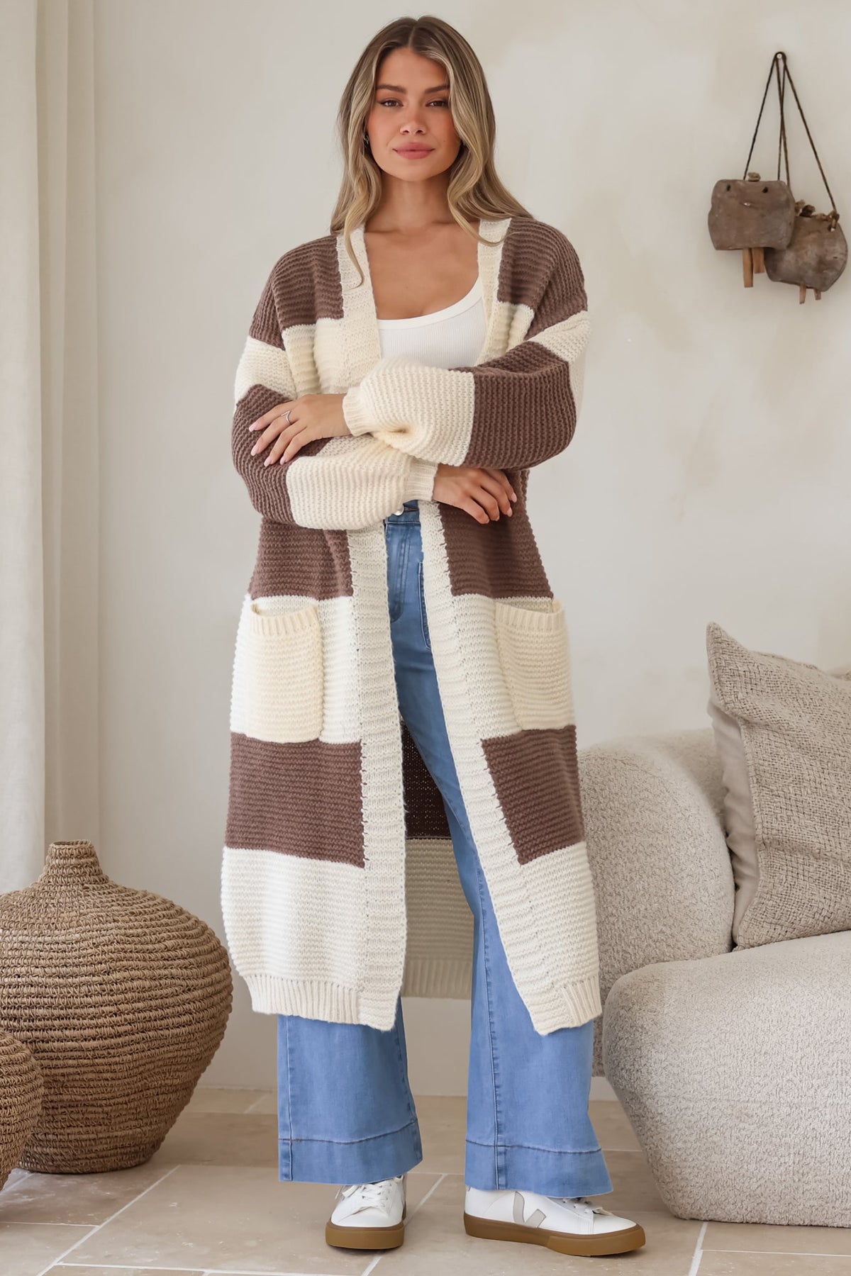 Finneas Cardigan - Longline Open Front Knit with Balloon Sleeves and Pockets in Brown