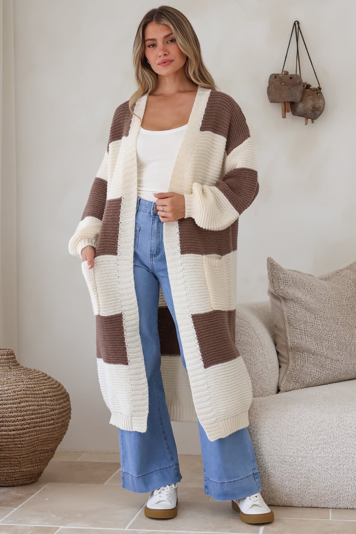 Finneas Cardigan - Longline Open Front Knit with Balloon Sleeves and Pockets in Brown